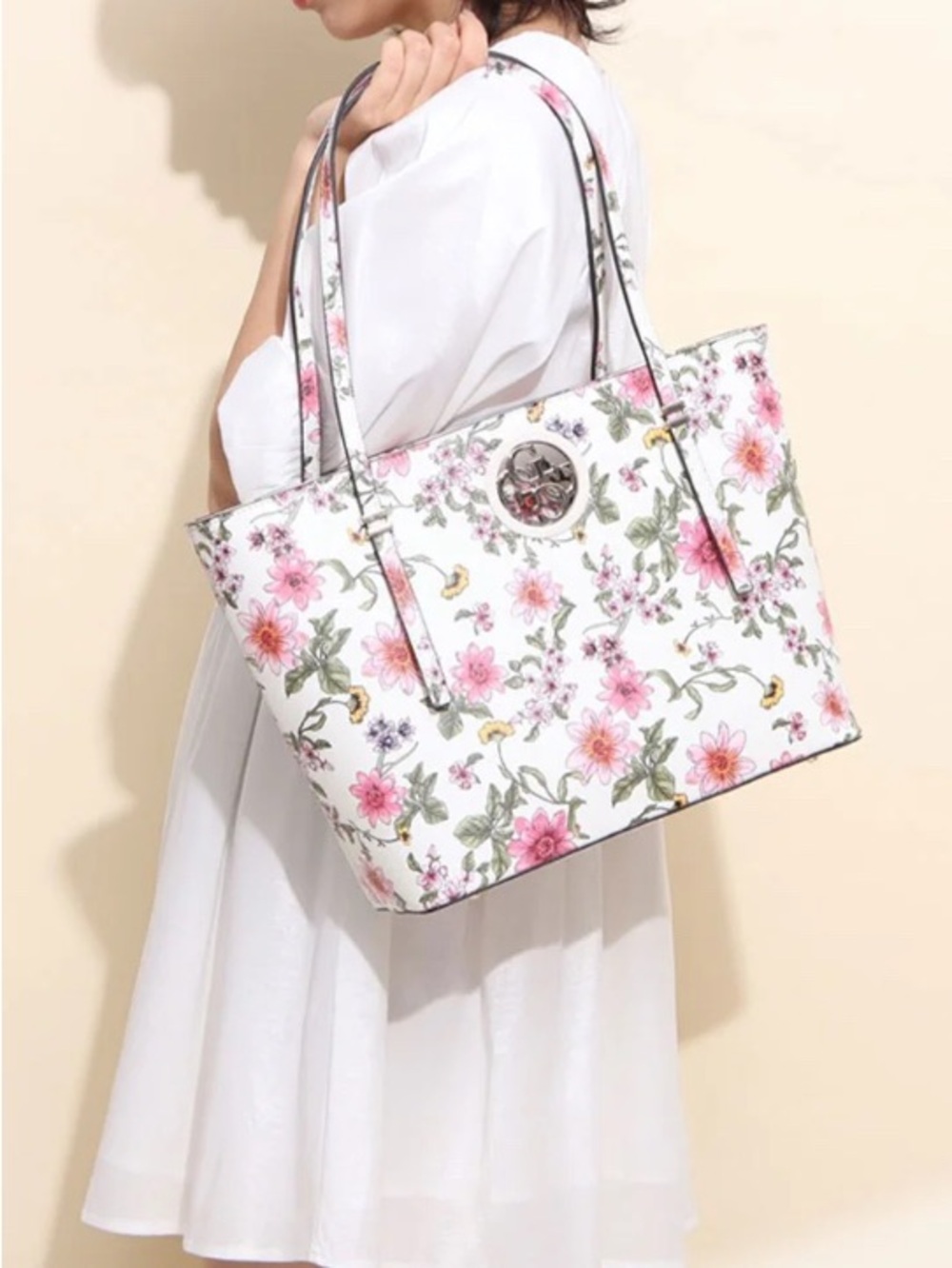 Guess White Tote Bag with Pink Floral Print